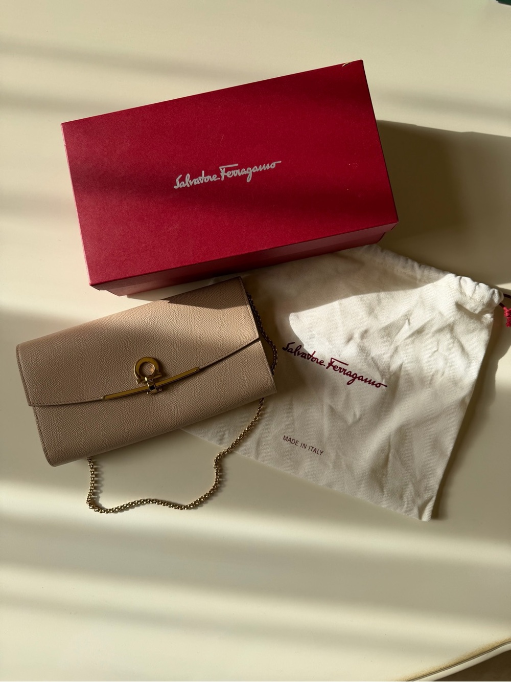 Salvatore Ferragamo macadamia Leather Chain Crossbody with Gold Gancini